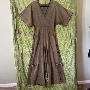 BiBi Jumpsuit Wide Leg Bohemian 100% Cotton Short Sleeve Olive Green Size Small